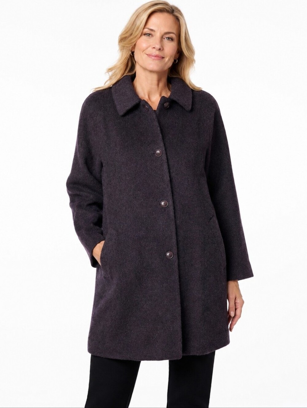 Gallery Purple Wool‎ Mohair Swing Coat 1X Button Front Pockets Mid Length Luxury